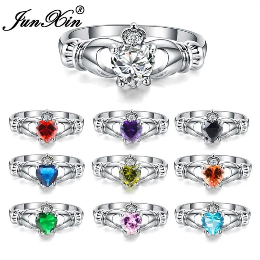 Bröllopsringar Junxin Luxury Female Heart Ring Claddagh White Gold Filled Jewelry Fashion for Women Birth Stone Gifts262w