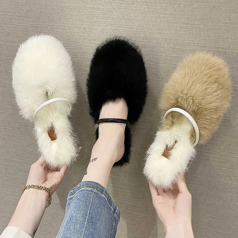 Women's Fur Half Support Shoes Autumn and Winter Rabbit Hair Baotou Slippers Wearing Round Toe Thick Heels Cotton High