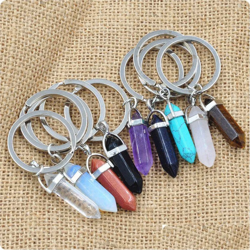 Chaveiros Lanyards BK Pedra Natural Chaveiros Hexagonal Prisma Ponto de Quartzo Cura Cristais Chakra Chaveiros DIY Jóias Accessorie Dh7S3