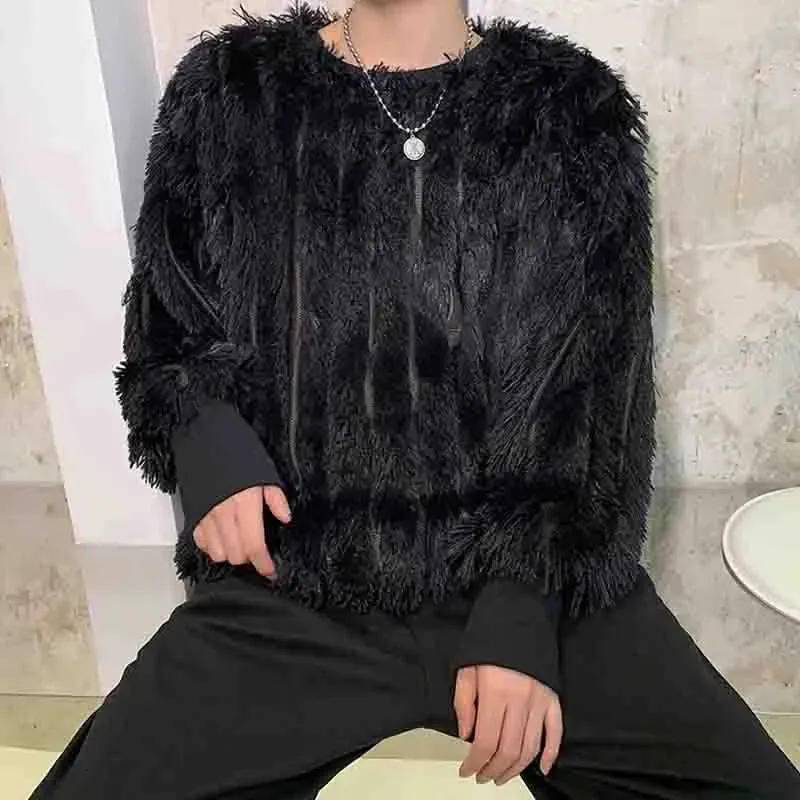 Erkek Sweaters Karanlık ve Siyah Kişilik Püskül Yün Yün Kıyafet Kazak Sweater Erkekler Kore Moda Uzun Saç Kadife çok yönlü alt kat Sonbahar 231010