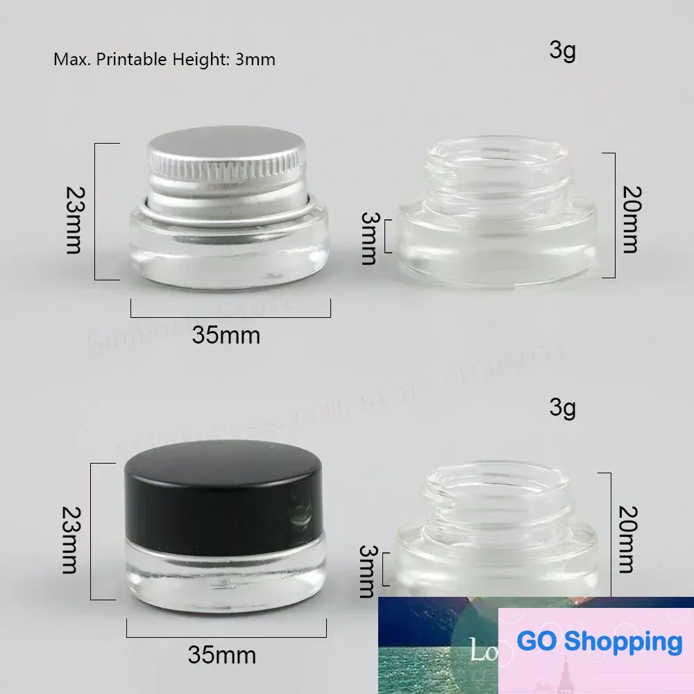 atacado 3g Mini frasco de creme de vidro transparente 3ml recipiente cosmético Pote de maquiagem com parafuso de tampa prateado preto