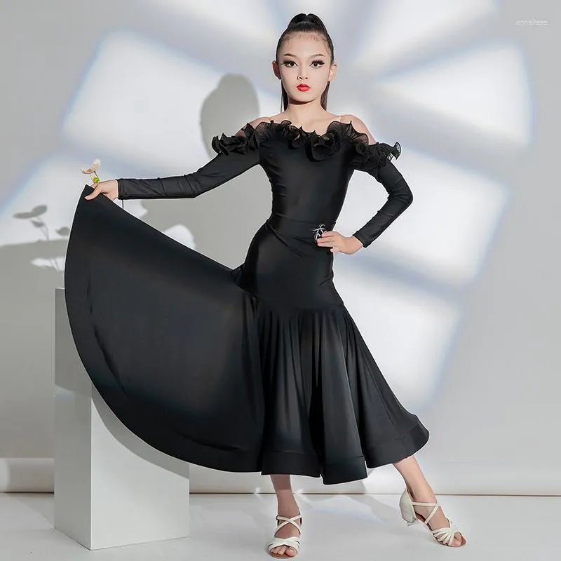 Stage Wear Fashion Ballroom Dance Concours Robes Filles Noir Volants Latin Top Jupe longue Enfants Vêtements de danse moderne SL9105