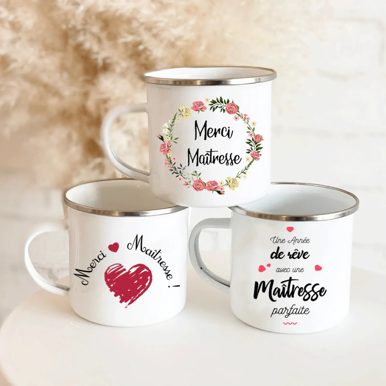 Mugs French Flower Printed Enamel Creative Coffee Mug Milk Wine Beer Drink Juice Cup School Home Handle Drinkware Teacher Gifts 231010