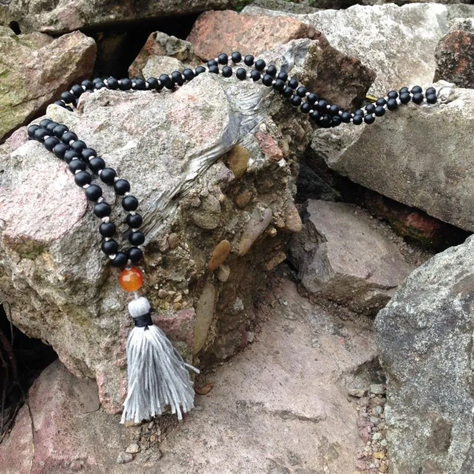 ST0186 108 Mala Bead Necklace Long Necklace with tassel Knotted Matte Black Onyx Stone Necklace Fancy Rosary Necklaces250F