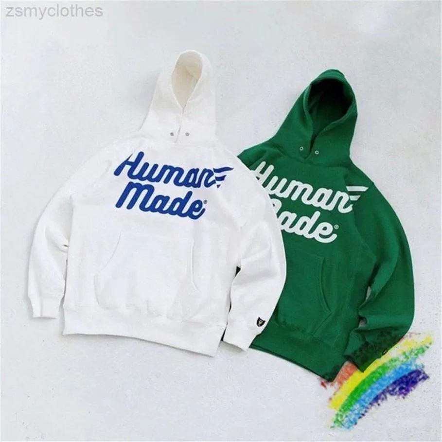 High Quality White And Green HUMAN MADE Baggy Hoodie For Men And