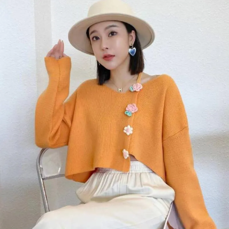 Women's Sweaters Purple Loose Oversized Cropped Sexy V-Neck Long Sleeve Knit Pullover Sweater Fashion Yellow 3D Applique Harajuku Jumpers