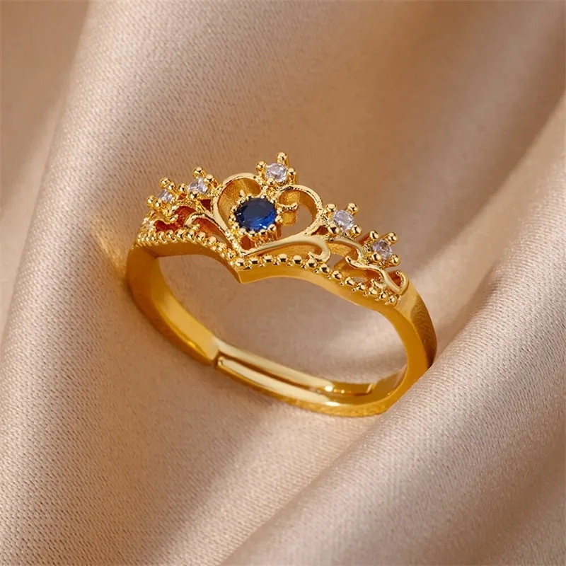 Solitaire Ring Blue Zircon Crown Rings for Women Rostfritt stål Justerbar 2023 Trend Design Kvinnlig bröllopsmycken L231009