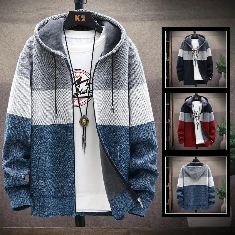 Мужские свитера, джемпер с капюшоном, холодный свитер, зимний кардиган, флисовая шерсть, осенняя теплая свободная куртка на молнии, мужское трикотажное пальто 231010