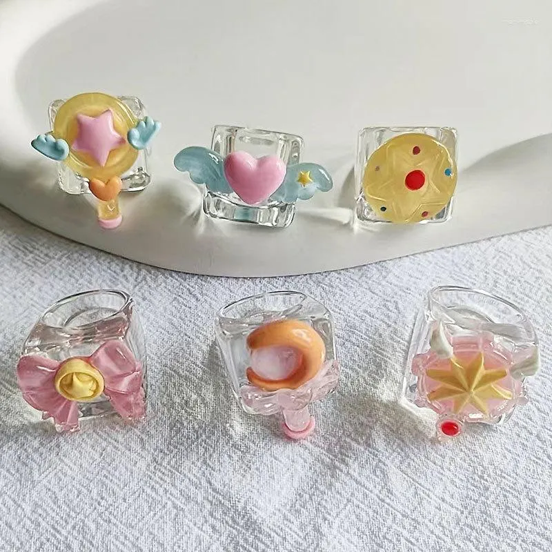 Cluster Rings Cute Cartoon Magic Wand Bow Candy Geometric Square Transparent Resin Ring For Women Beautiful Girl Party Sweet Jewelry Gifts