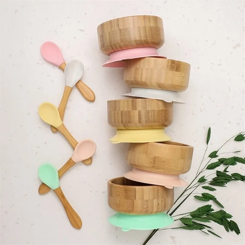 Cups Dishes Utensils Baby Feeding Bowl Food Tableware Kids Wooden Training Plate Silicone Suction Cup Removable Wooden Fork Spoon Children's Dishes 231006