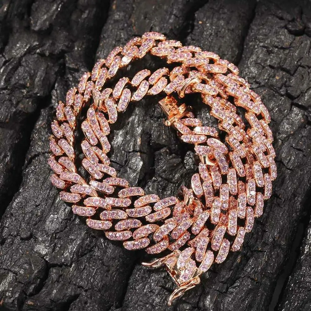 9mm Iced Out Women Choker Halsband Rose Gold Metal Cuban Link Full With Pink Cubic Zirconia Stones Chain Jewelry188o