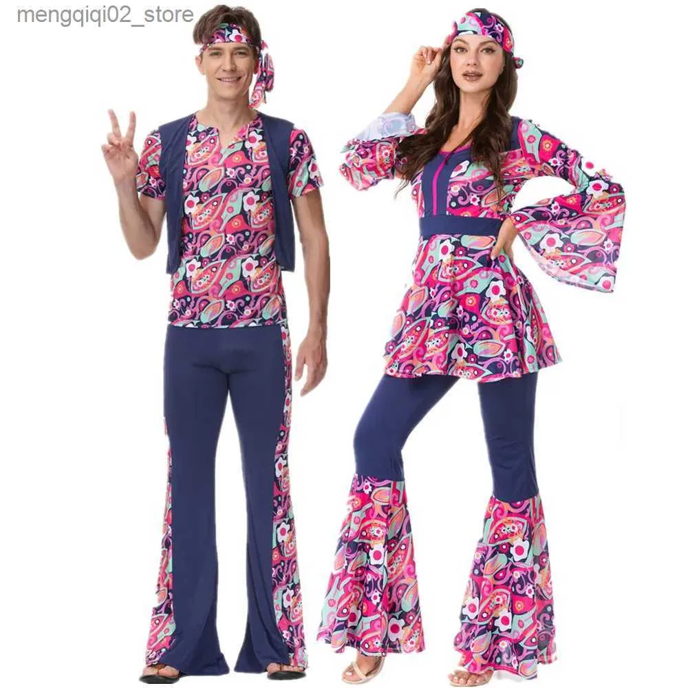 Tema Traje Retro 60s 70s Hippie Cosplay Carnaval Halloween Venha para Homens Mulheres Fantasia Disfarce Roupas Festa Hippie Rock Disco Night Club Q231010