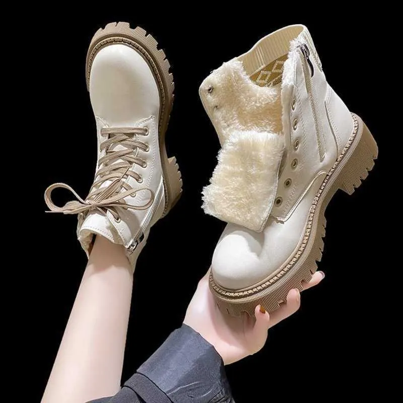 Couro macio fundo grosso martin botas femininas outono novo fundo plano botas curtas inverno acolchoado sapatos de algodão quente 10213232-111