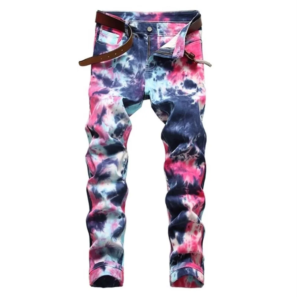 Kamouflage jeans för män Fancy Color Tie Dye Print Jeans 2021 Spring Fashion Slim Straight Stretch Denim Pants målade byxor X0266Q