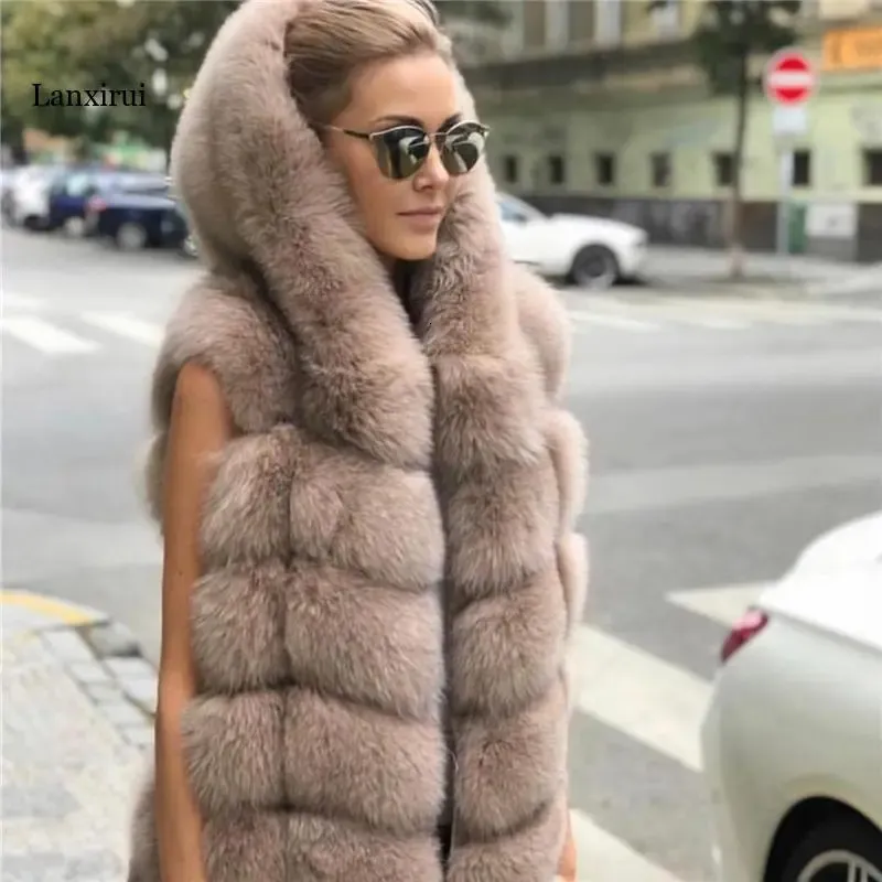 Faux Fur Collar Womens Hooded Vest With Fur Womens Faux Fur Vest