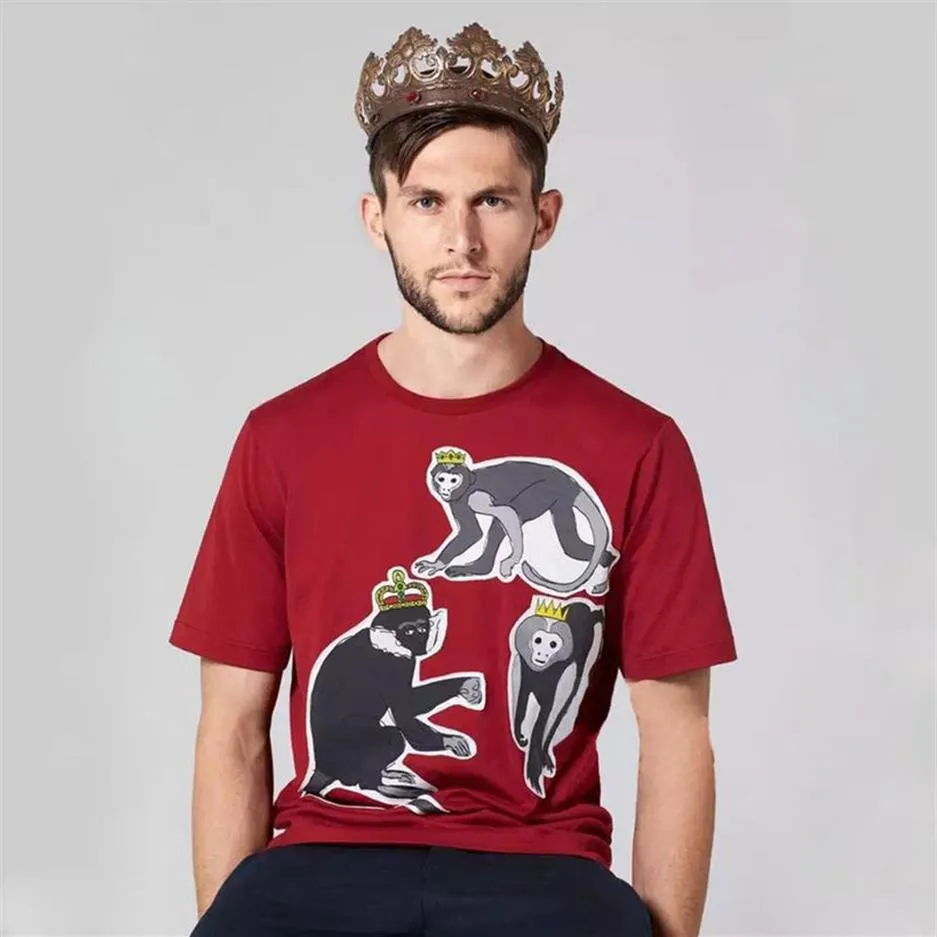 Red Round neck cotton t-shirt with monkey and crown embroidery Men Designer T shirts Funny T-shirts Slim Fit Unisex T-Shirt278U