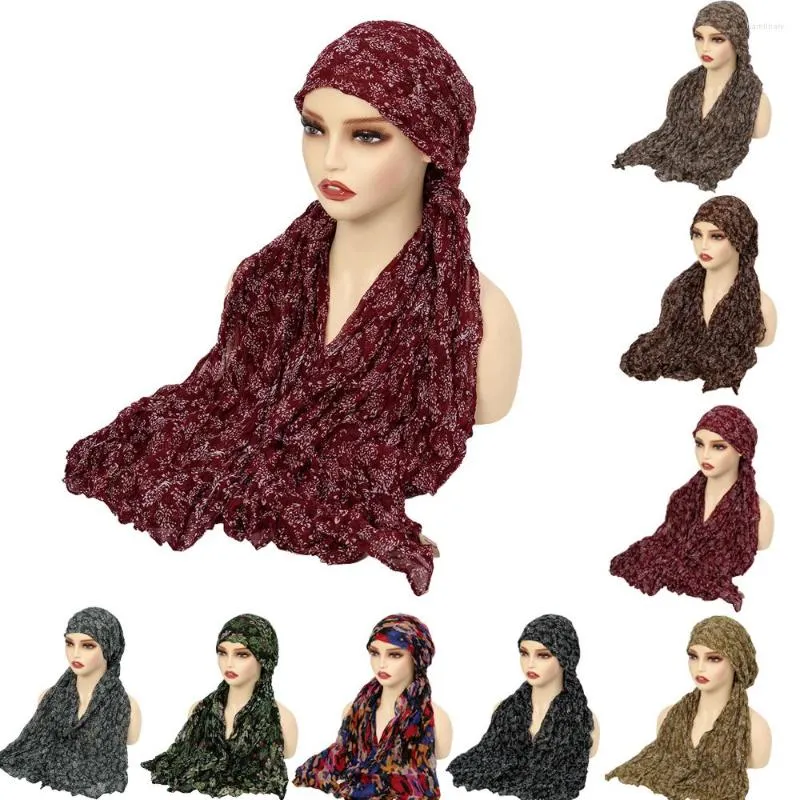 Ethnic Clothing Print Long Tail Hat Women Muslim Winkle Hijab Headscarf Bonnet Chemo Cap Shawl Wrap Turban Hair Loss Headwear Turbante Mujer