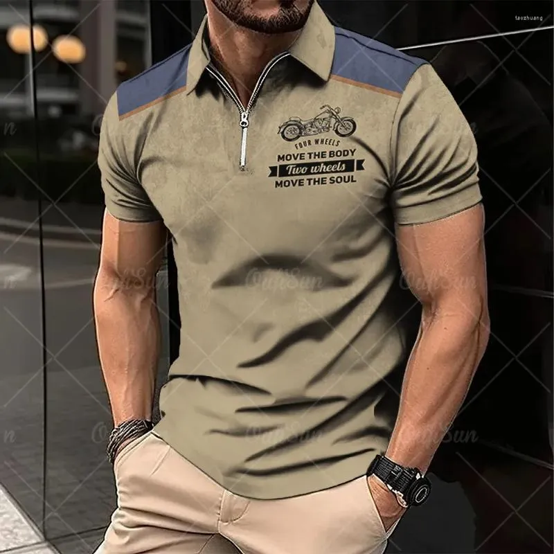 Herren Polos Vintage Kurzarm Poloshirts Motorrad 3D-Druck Revers Reißverschluss Mann Top Hochwertiges übergroßes Herrenhemd Freizeitkleidung