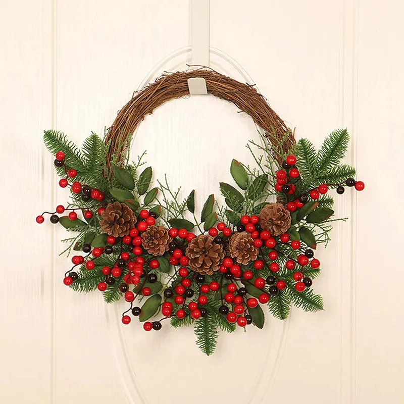 Dekoracje świąteczne świąteczne rattan wieniec sosna naturalne gałęzie jagody sosnowe szyszki świąteczne Wiechy Dekoracja drzwi domu na rok 231010