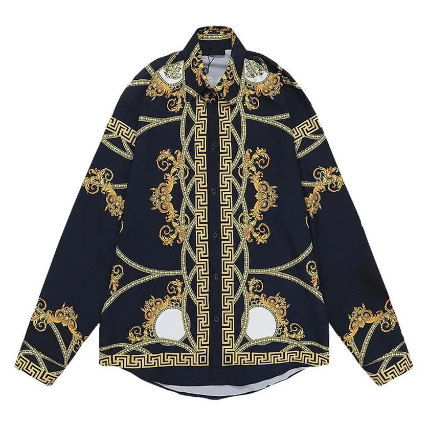 Осень Зима с длинным рукавом Дизайнерские рубашки для боулинга Высокое качество Мужская мода Золотое барокко с буквенным принтом Классическая рубашка Мужская повседневная рубашка 246 м