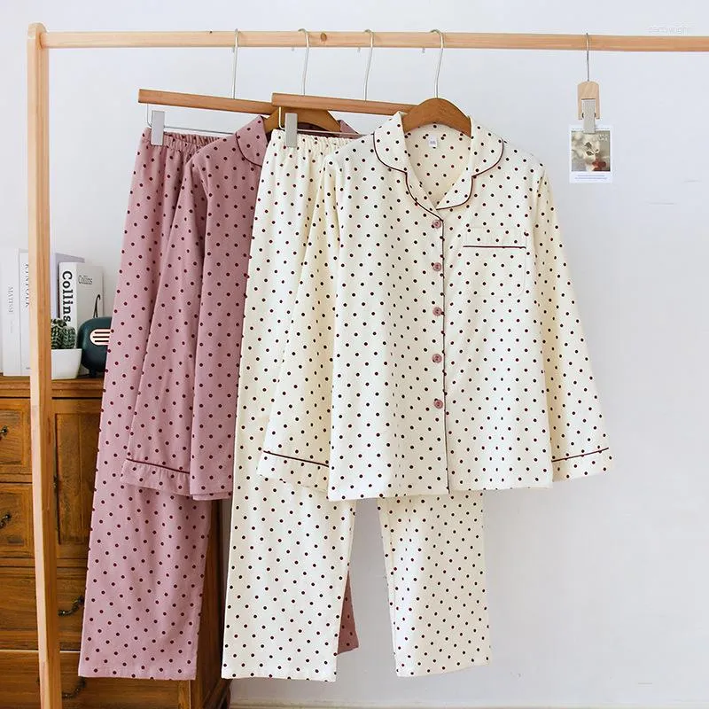 Женская одежда для сна 2023, весенне-осенний пижамный комплект, хлопковые плюшевые брюки с длинными рукавами в горошек, кардиган из двух предметов, домашний мех
