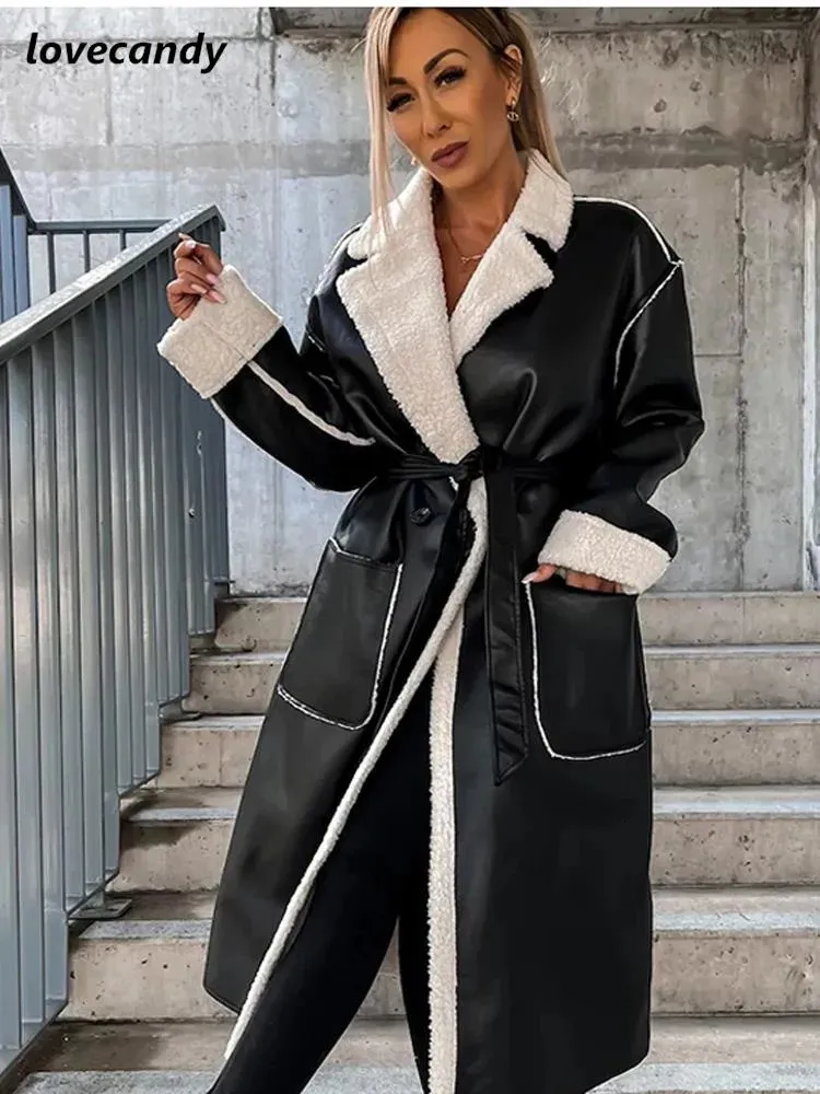 Misto lana da donna Cintura in ecopelle con colletto rovesciato Cintura in PU Cappotto caldo allentato a maniche lunghe da donna Giacca midi da donna Elegante cappotto tascabile 231010