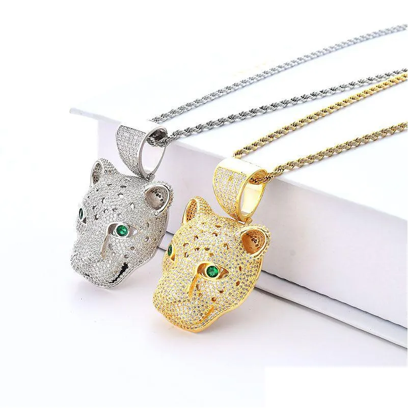 Pendant Necklaces Iced Out Green Eye Leopard Head Necklace For Women Bling Cz Zirconia Animal Pendant Gold Sier Chains Hip Hop Rapper Dh5At