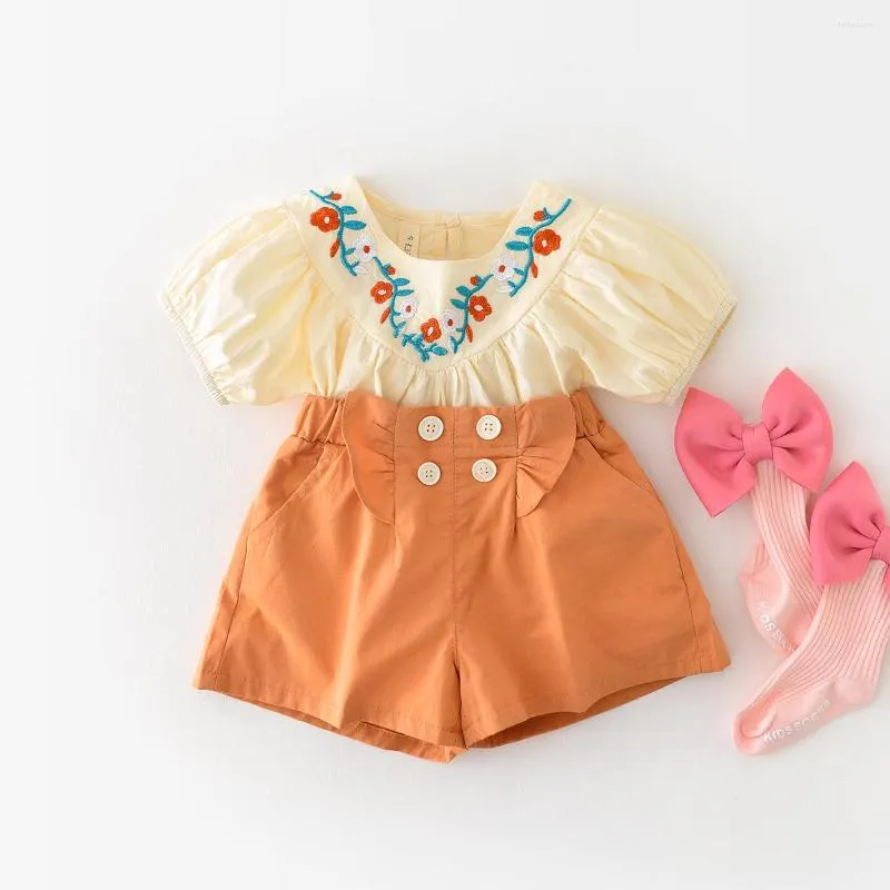 Kleidung Sets 2023 Sommer Kinder Set Blume Stickerei Kurzarm Tops Shorts Zwei Stück Outfit Mode Mädchen Kleidung Anzug