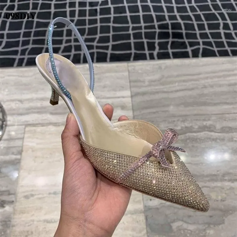 Robe chaussures bling cristal noeud noeud Slingback bout pointu fête de mariage femmes 8cm pompes à talons hauts sans lacet petite taille