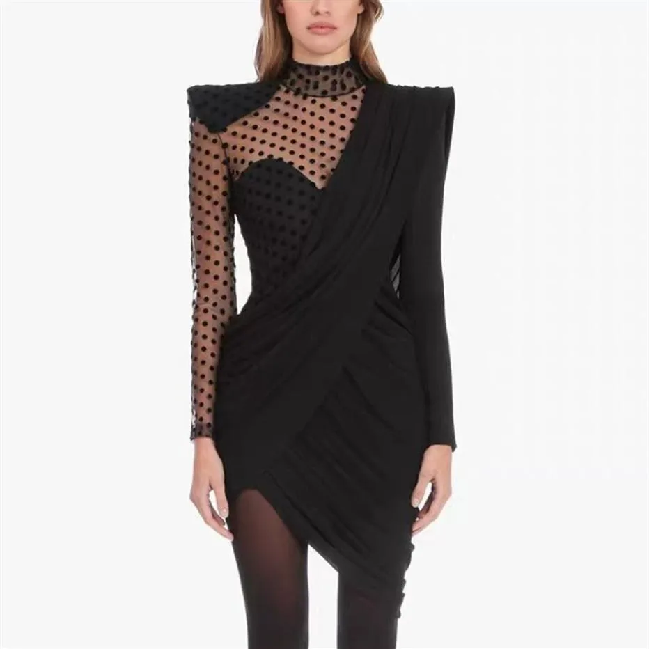 Premium ny stil toppkvalitet original design kvinnors sexiga klänning polka dot mesh perspektiv smal pack höft draperad oregelbunden dr308k