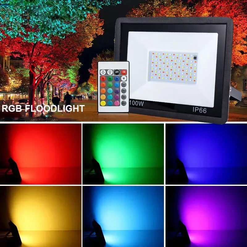 RGB LED -strålkastare 20W 30W 50W 100W 220V 110V översvämningsljus utomhusväggbricka lampa reflektor IP66 Vattentät trädgårdsbelysning 10 ll