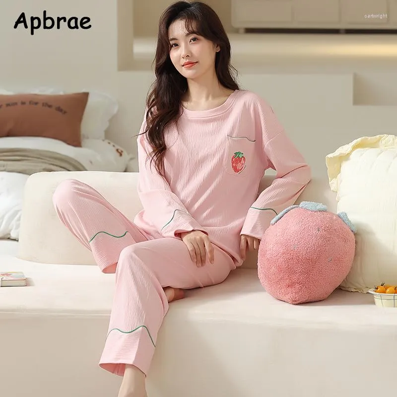 Pigiameria da donna Apbrae Crepe di cotone Pigiama da donna Primavera Autunno O-Collo Pigiama da ragazza Coreano Kawaii Maniche lunghe Lady Home Suit