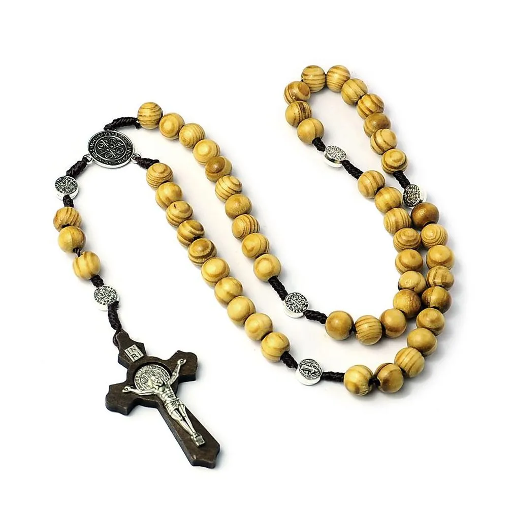 Pendant Necklaces 10Mm Wood Beads Rosary Cross Necklace For Women Men Christian Virgin Mary Inri Pendant Chain Fashion Relin Jewelry J Dh7Dc