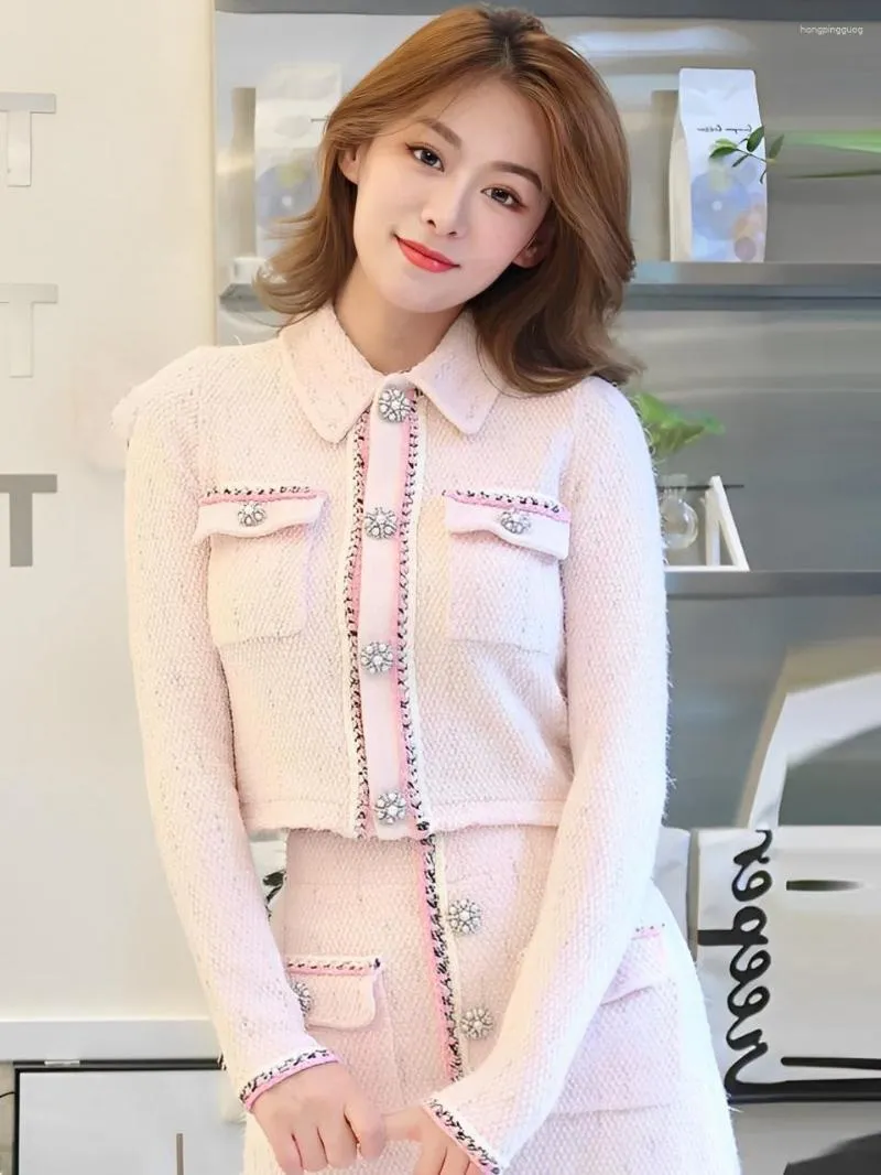 Women's T Shirts 2023 Autumn/Winter French Pearl Button Heavy Duty Cardigan Doll Neck Coat High Waist Half Skirt Two Piece Set For Women