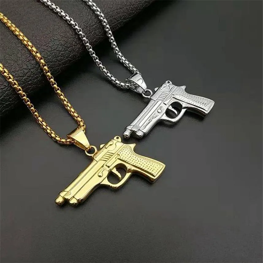 Collana con targhetta per gioielli in acciaio inossidabile 316L per uomo Colore oro M1911 Ciondolo a pistola con collane con zirconi cubici per le donne286h