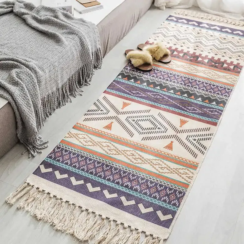 Tapis de sol de Style ethnique bohème, tapis de chevet de chambre à coucher, en coton et lin, pour canapé, avec pompons, 231010
