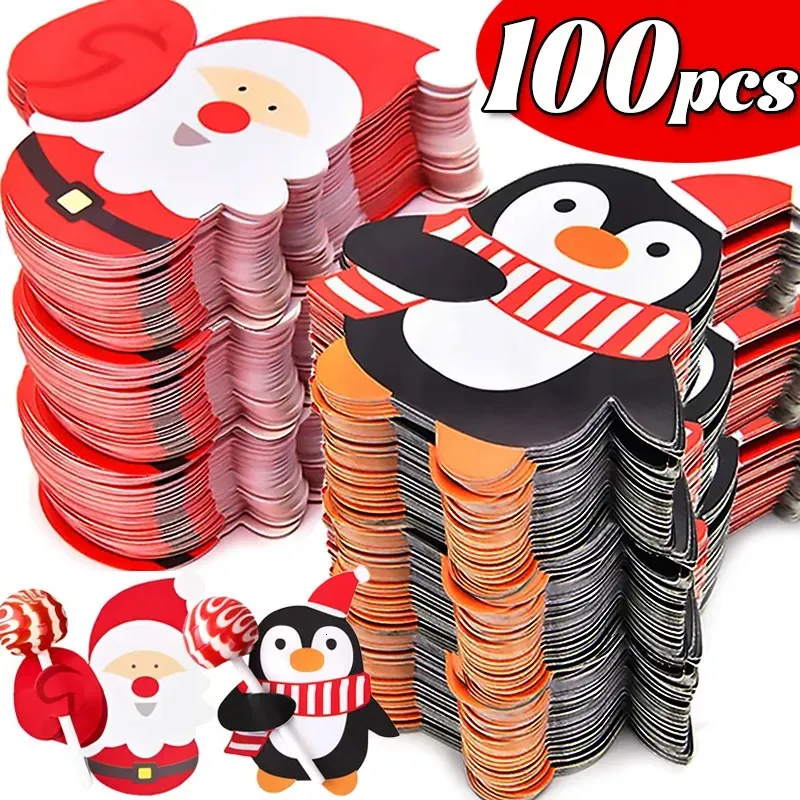 Christmas Decorations Lollipop Paper Cards Cartoon Santa Claus Snowman Kids Candy Gifts Package Wrapping Year Party Decoration 231011