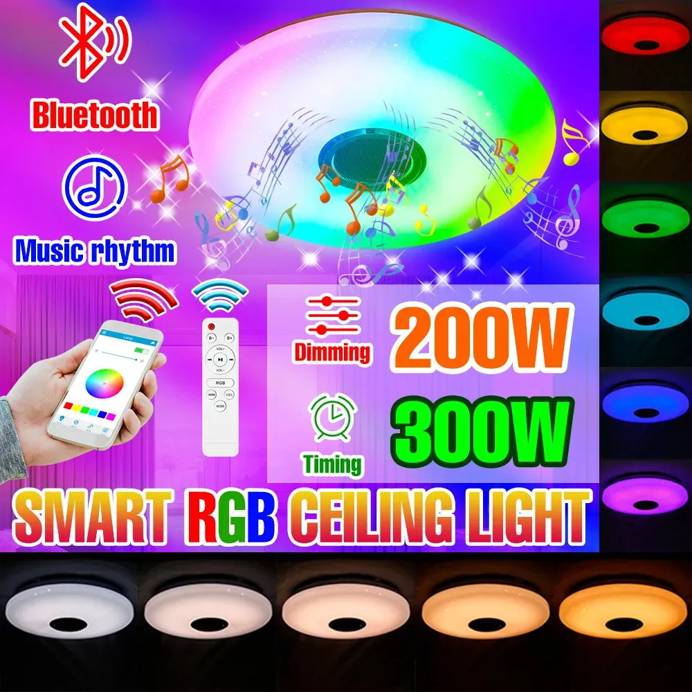 Dekoratif Nesneler Figürinler LED Akıllı Tavan Işığı 200W 300W Bluetooth Yatak Odası Lambası Dimmable RGB Oturma Odası Kapalı Avizeler Ampul 100 240V 231011