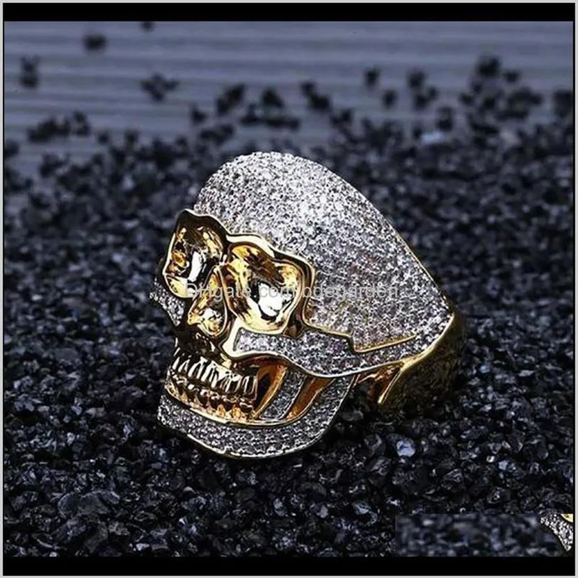 Solitaire Mens 18K Yellow Plated Custom Skull Gold Cz Bling Ring Full Simulated Diamonds Micro Pave Set Stones Hip Hop Rings Ysorx245W