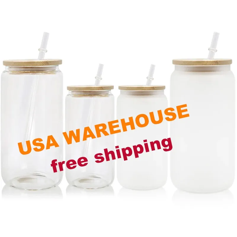USA CA Warehouse 16ozストレートクリアフロストビールCan Glass Sublimation Tumbler warme Lids and Straw4.23