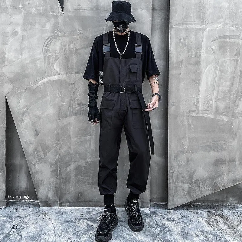 Herrbyxor American Dark Black Big Pocket Overall Causal Loose High Street Tooling Worker Suspenders Jumpsuits Manliga kläder