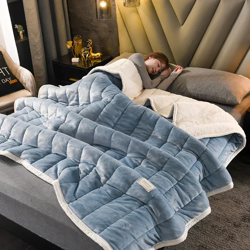 Blankets Thick Imitation Lamb Wool Blanket Winter Double sided Three layer Quilted Skin friendly Cozy Warm Bed Cover 231011