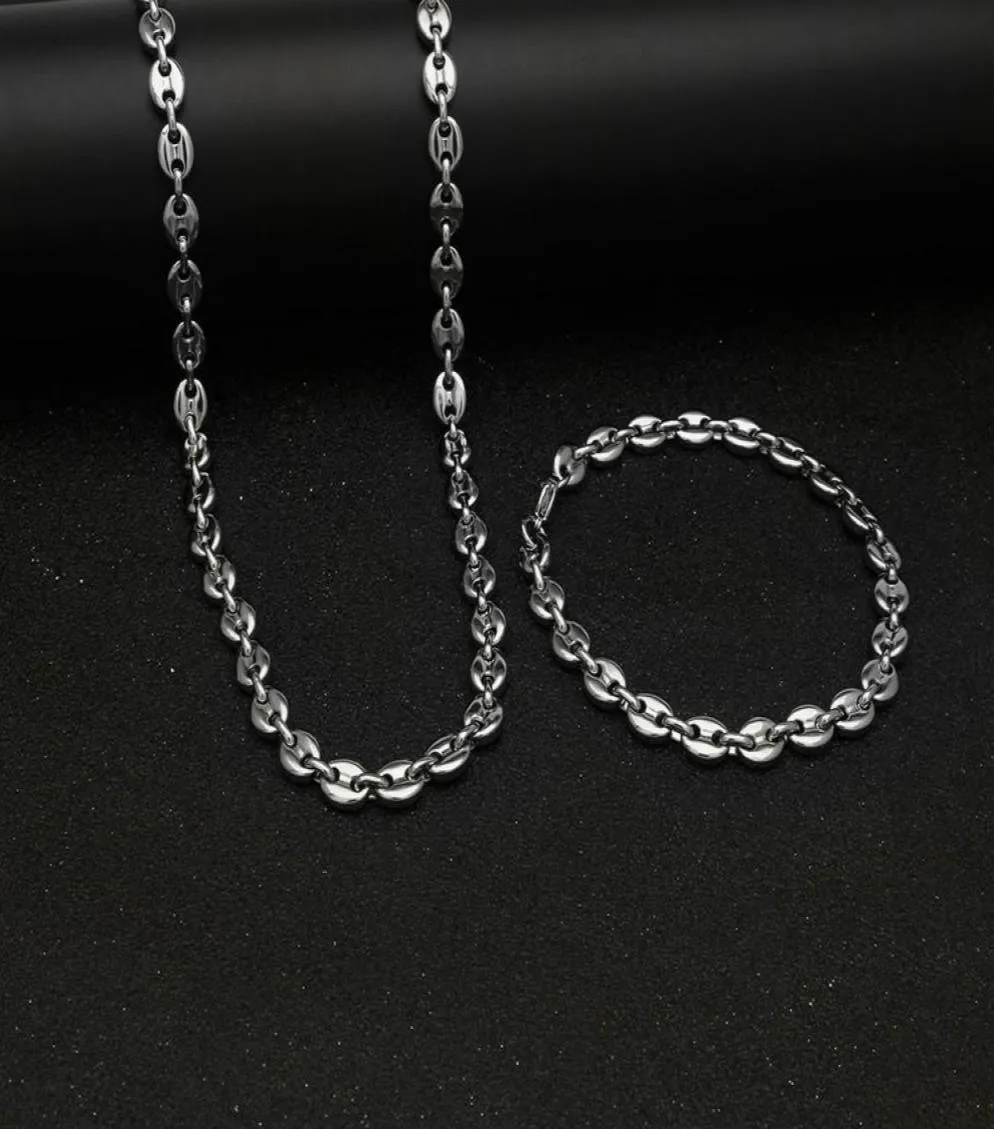 316L Stainless Steel Coffee Bean Chain 22quotNecklace and 8quotBracelets Fashion Hip Hop Jewelry Set Gold Chain for Men8832287
