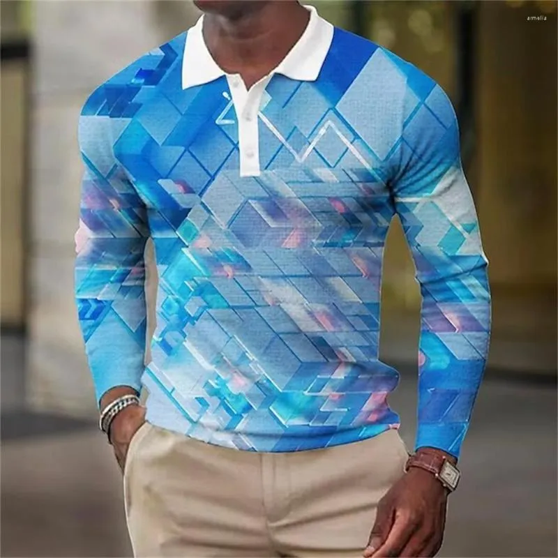 Polos masculinos com capuz Mens mangas compridas em toda a impressão Polo Moda Camisa Padrões Geométricos Inverno Engrossa Roupas Rua Lazer Tops