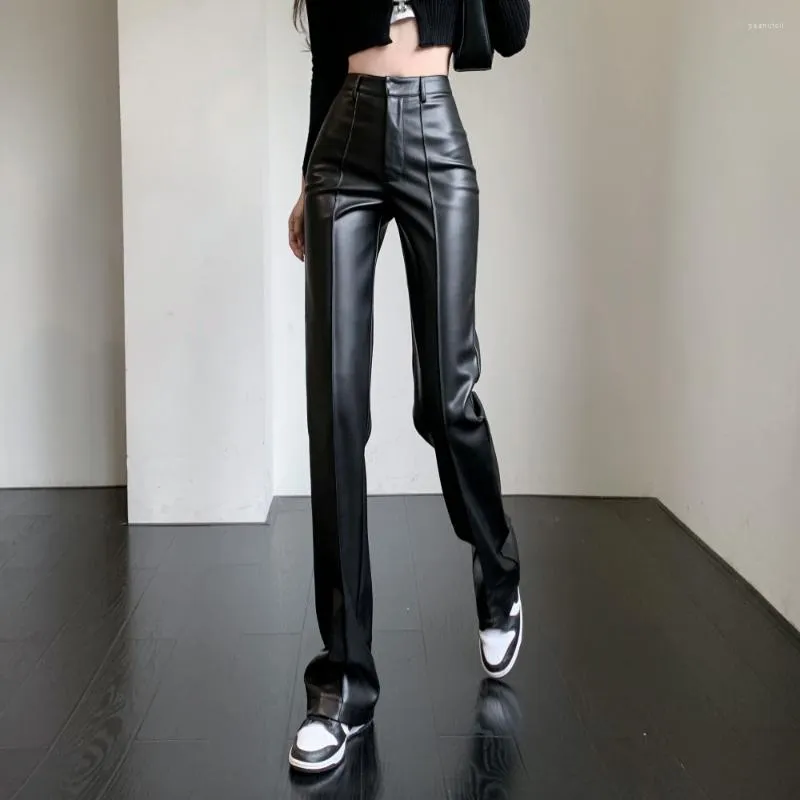 Women's Pants Black PU Leather High Waist Straight Loose Street Retro Ladies Wide Leg Trousers Quality