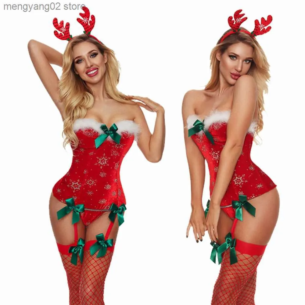 Theme Costume Erotic Red Christmas Corset Bodysuit with Cute Elk Headdress G-sting Thong Set Bow Lingerie Sex Toys Christmas Gift for Women T231011