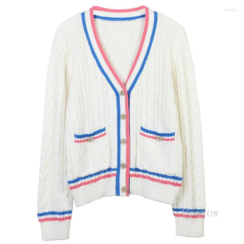 Women's Knits White Cardigan With Contrast Stripe Trim Women 2023 Pink Sweater Jacket V-neck Single-breasted Fashion Knitted