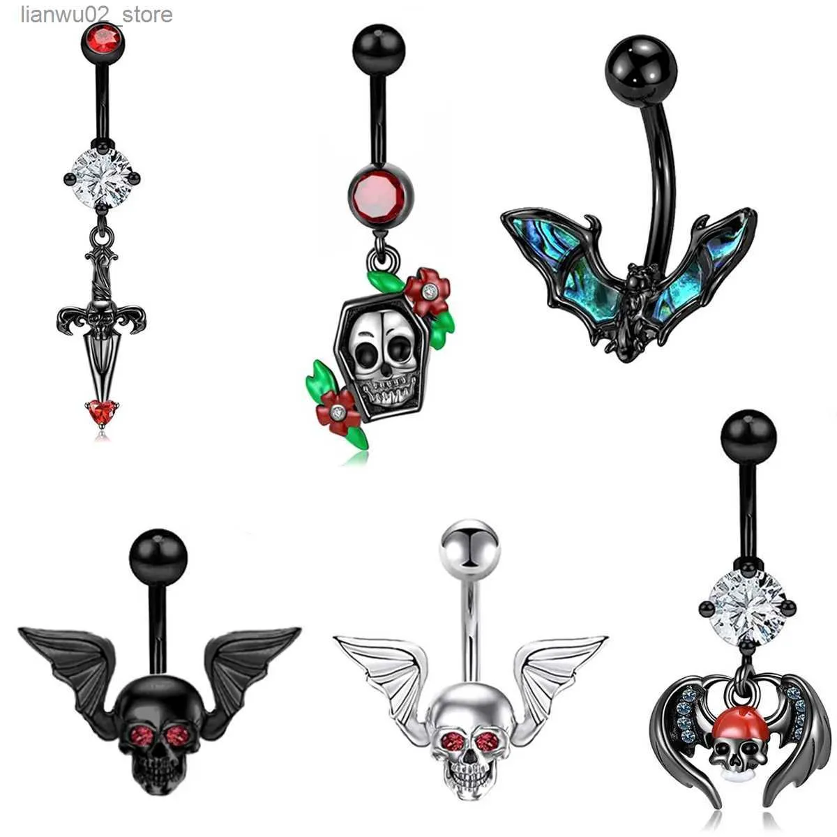 Andra modetillbehör 5-delad uppsättning av Halloween Bat BellyButton Rings Gothic Dark Belly Button Rings Halloween Skull Head Button Studs Belly Piercing Q231011