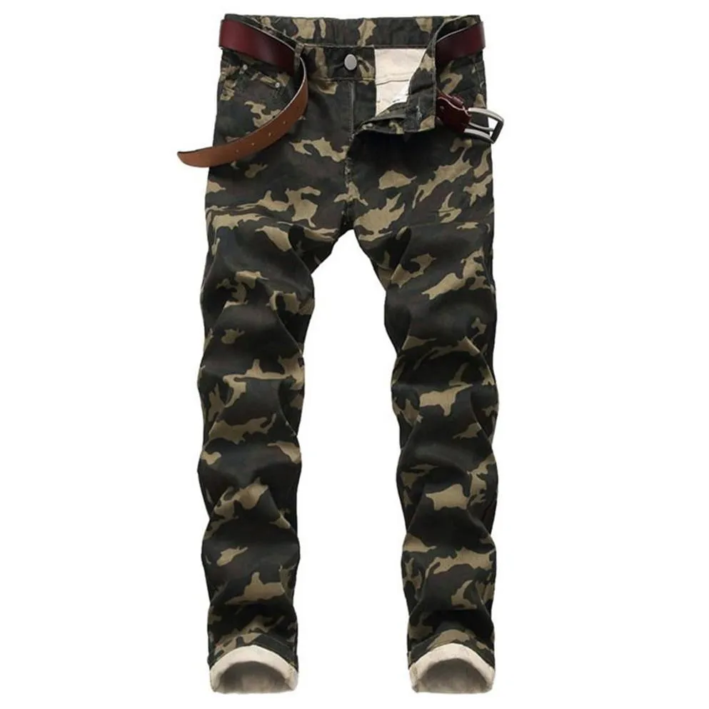 Män smala stretch jeans armé grönt tryckt avslappnade byxor män camo jeans personlighet med 6 färger282v