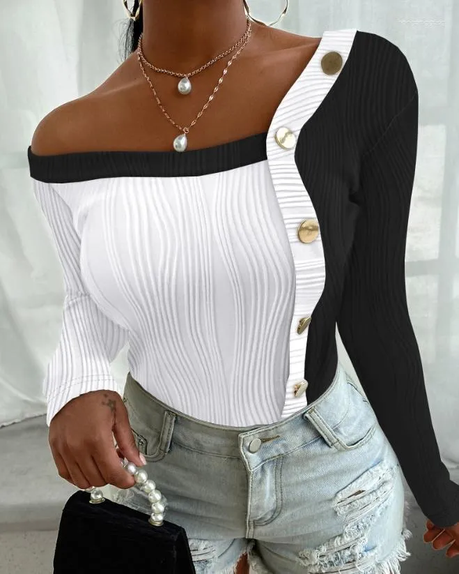 女性用Tシャツ色の非対称ネックコントラストテクスチャトップ2023ファッションセール秋
